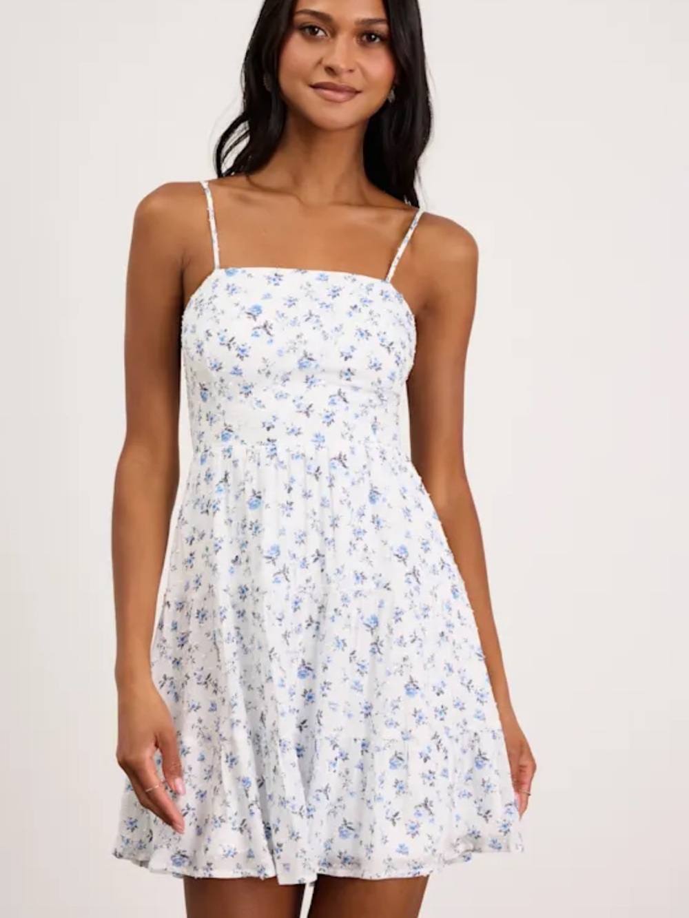 So Effortless White Floral Print Swiss Dot Tie Back Mini Dress Size M NWT